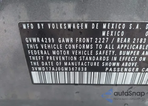 2016 Volkswagen Jetta 1.8T Sport z USA, uszkodzony, nr VIN 3VWD17AJ0GM367838